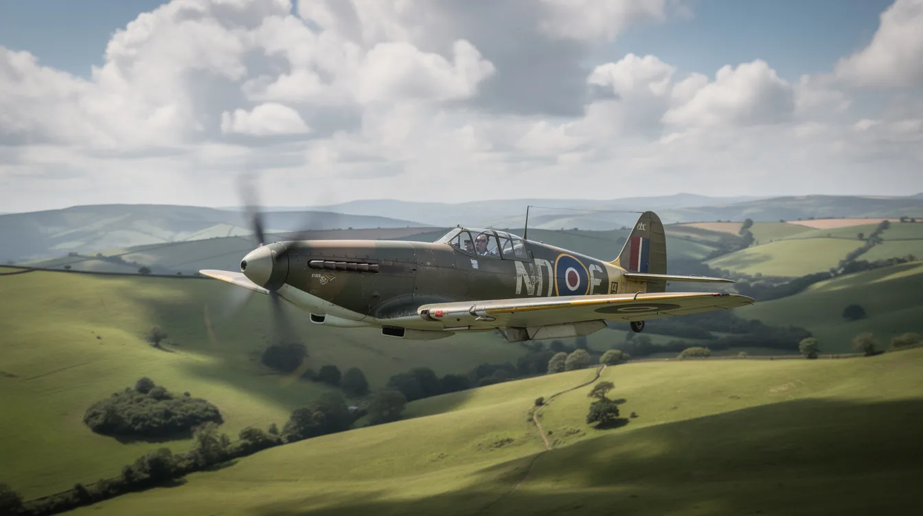 A vintage World War II-era fighter aircraft is flying low over green rolling hills, with fluffy clouds in the background, showcasing its powerful engine and sleek design as it soars through the skies. This engineering marvel embodies the spirit of aviation and the iconic fighter jets of its time.