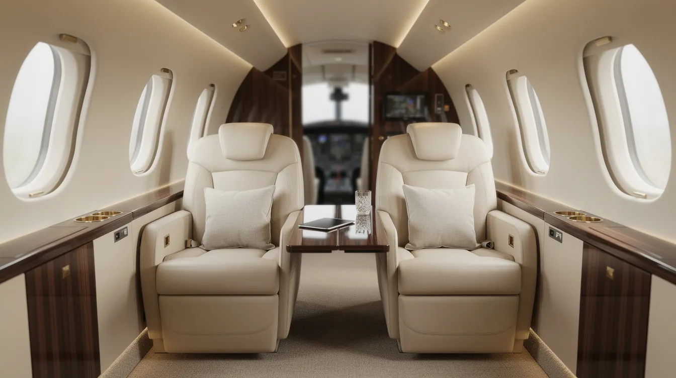 The image depicts the interior of a modern private jet cabin featuring cream leather seats arranged in a club configuration, complemented by warm ambient lighting and polished wood accents, creating a luxurious and comfortable atmosphere for passengers. Such a plane exemplifies the elegance and engineering marvel of contemporary aviation design.