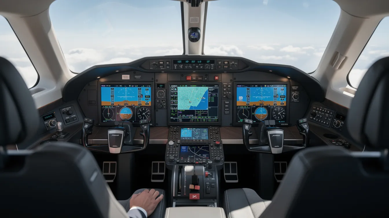 The image depicts a modern glass cockpit featuring multiple digital flight displays and touchscreen avionics, designed for the Cirrus Vision Jet SF50. This advanced cockpit setup enhances pilots' capabilities for safe landings and efficient operation of the aircraft systems during flights at high altitudes.