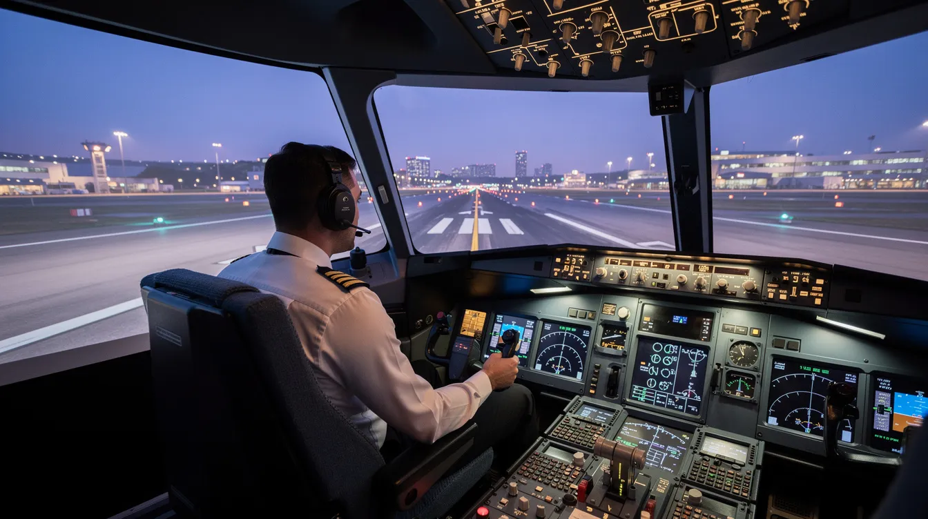 A pilot is seated inside a full-motion flight simulator, surrounded by wraparound screens that vividly display an airport approach, simulating the experience of flying a Cirrus Vision Jet. The setup emphasizes the training environment for pilots, focusing on aircraft systems and emergency procedures essential for safe landings and efficient operations.