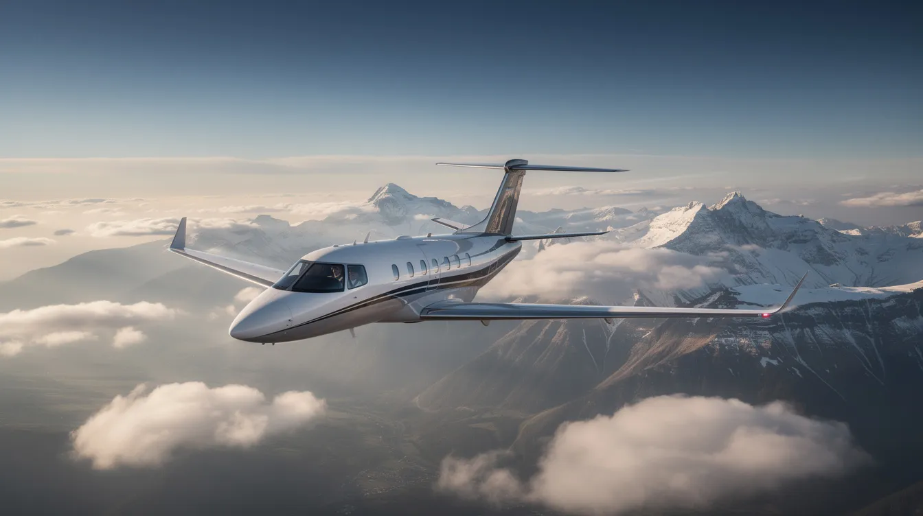 A sleek Cirrus Vision Jet, equipped with a turbine engine, glides effortlessly above scattered clouds, with majestic mountains visible below. This image captures the essence of personal transportation at high altitudes, showcasing the jet's impressive design and performance.
