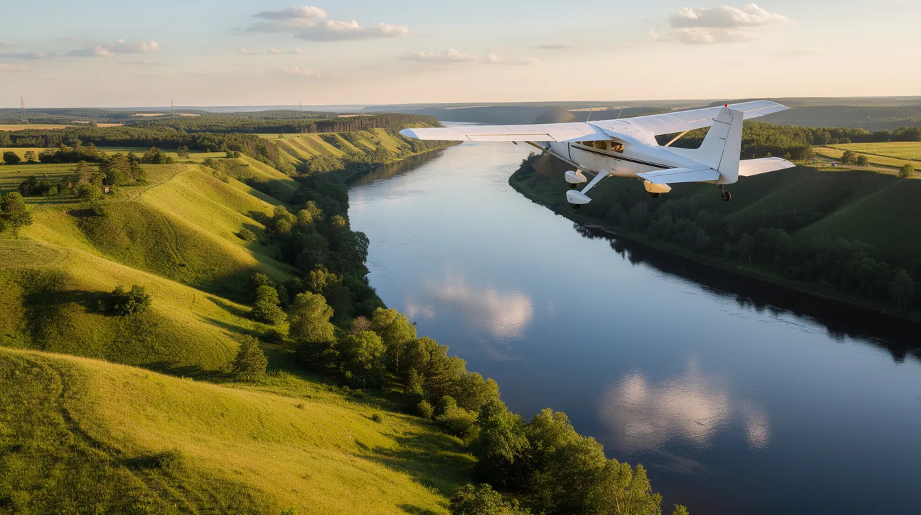 A small white Cessna aircraft is flying gracefully over a lush green river valley, showcasing the beauty of business aviation. Below, the rolling hills create a picturesque landscape, highlighting the aircraft's performance and versatility in the skies.