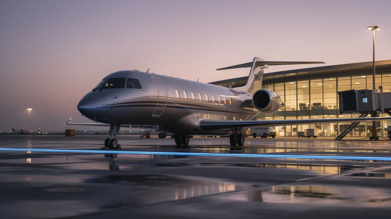 A sleek private jet, possibly a Cessna aircraft, is parked on a tarmac at dusk, with glowing terminal lights illuminating the background. The scene captures the essence of business aviation, showcasing the aircraft's new paint and sophisticated design, ready for its next flight.