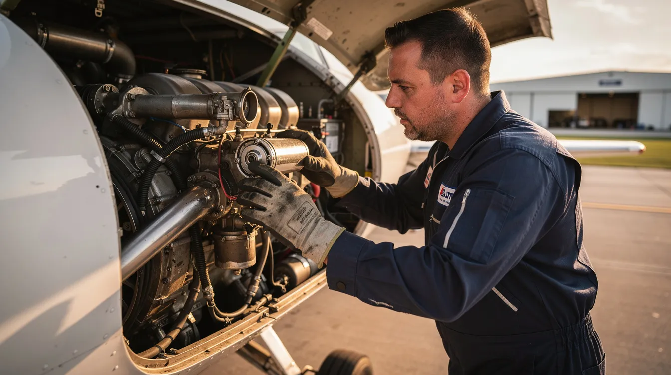 A mechanic is closely inspecting the engine compartment of a Cessna 172 aircraft, highlighting the attention to detail required in business aviation maintenance. The image emphasizes the importance of thorough inspections for aircraft performance and safety before sale.
