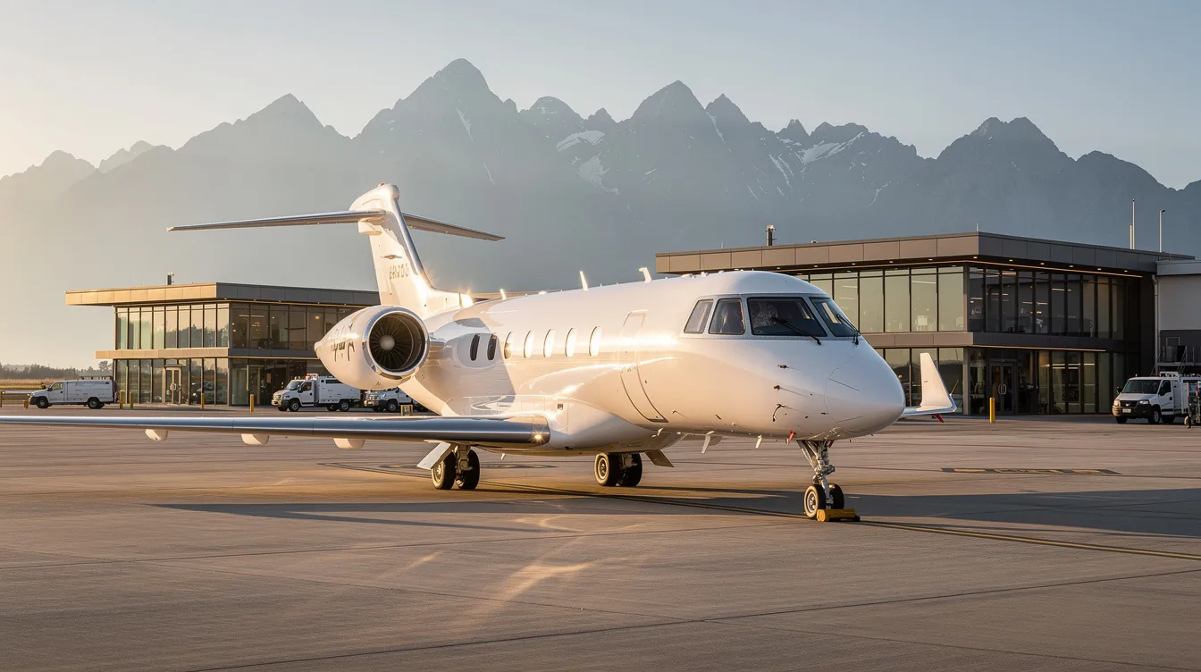 A sleek private jet is parked on a tarmac at a modern fixed-base operator facility, with the majestic mountains of San Fernando in the background, highlighting the luxurious experience of charter flights for business and leisure clients. The aircraft is equipped for optimal safety and service, catering to the needs of corporate travel.