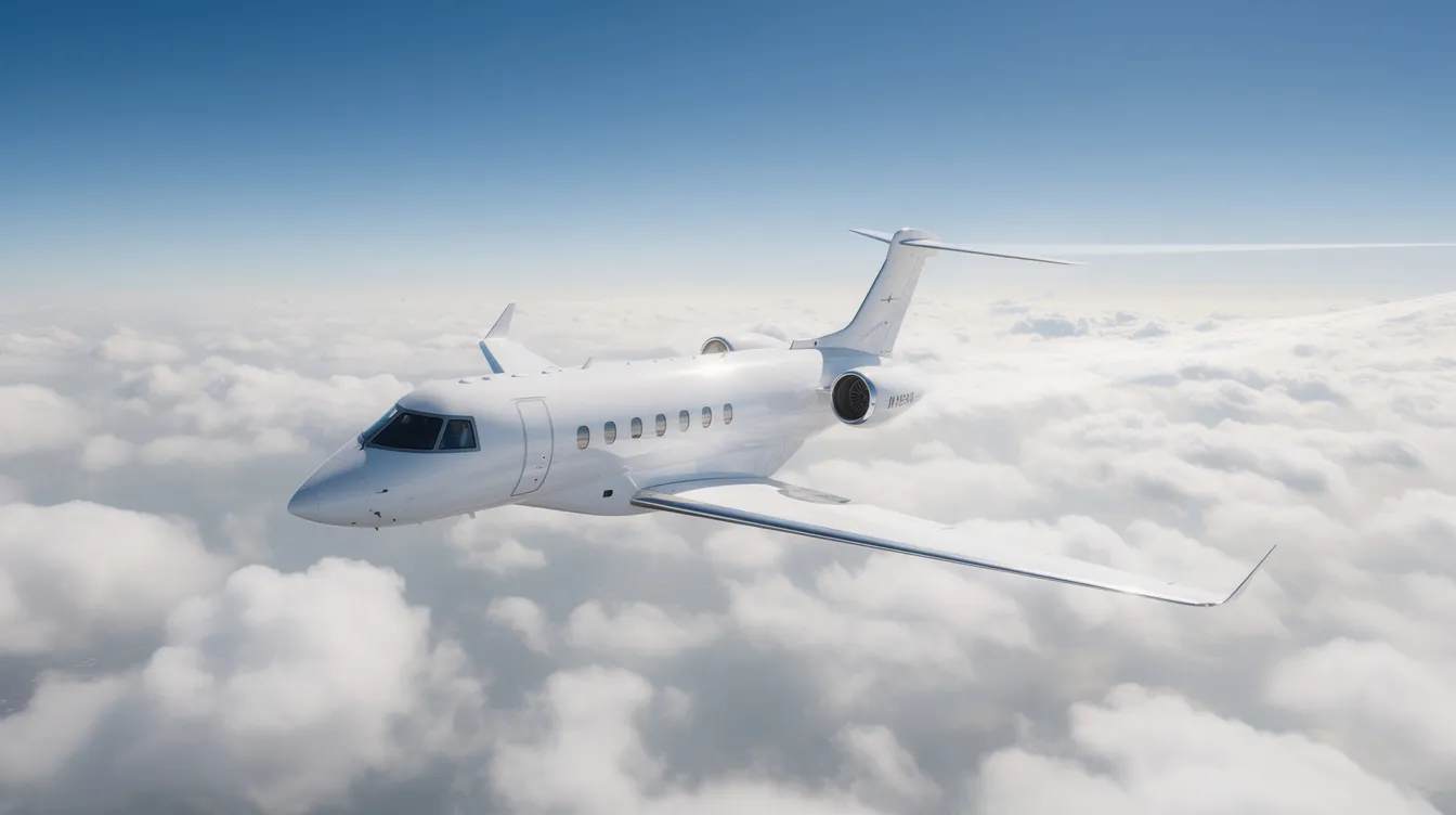 A sleek private jet soars high above a vast blanket of white clouds, set against a clear blue sky, showcasing the elegance and efficiency of modern aviation technology. This aircraft represents the next generation of flight, embodying the future of air travel with its advanced design and powerful engines.