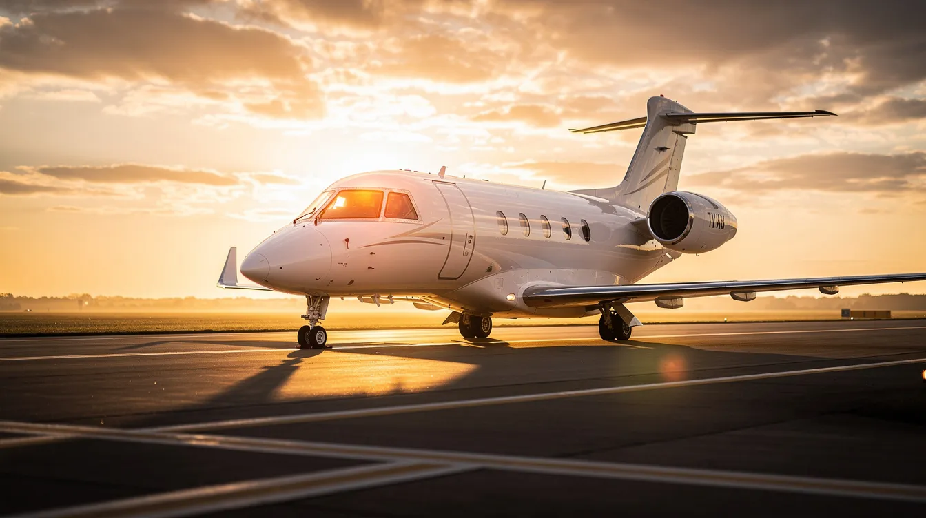 A sleek modern private jet is parked on a runway, silhouetted against a stunning golden sunset, showcasing the future of aviation technology. The aircraft's streamlined fuselage and engines reflect a new generation of efficiency and design in commercial flight.