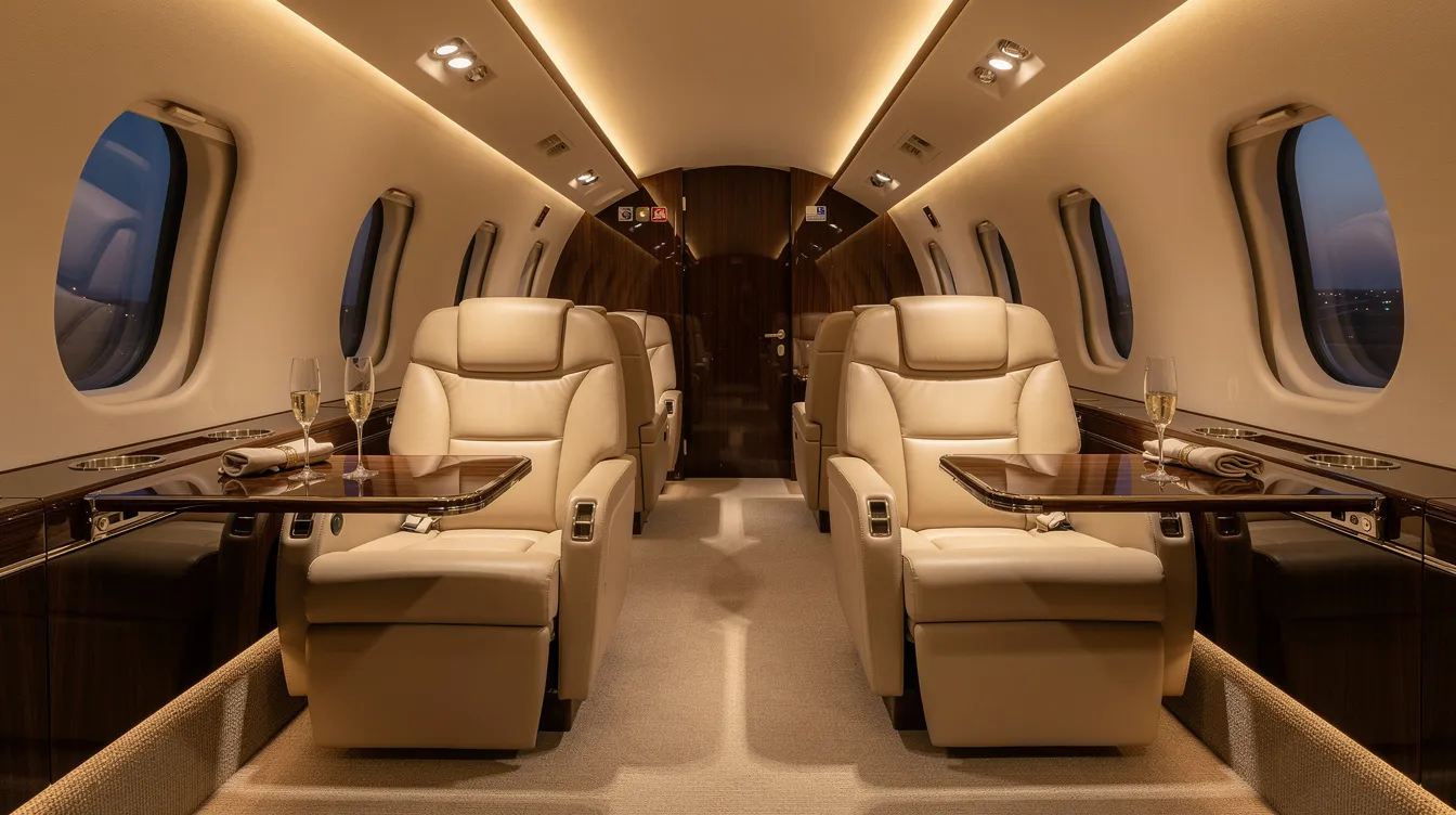 The image depicts a luxurious private jet cabin interior featuring soft ambient lighting and wide leather seats, creating a comfortable and elegant atmosphere for travelers. This modern design reflects the next generation of aviation technology, ensuring an exceptional flying experience.