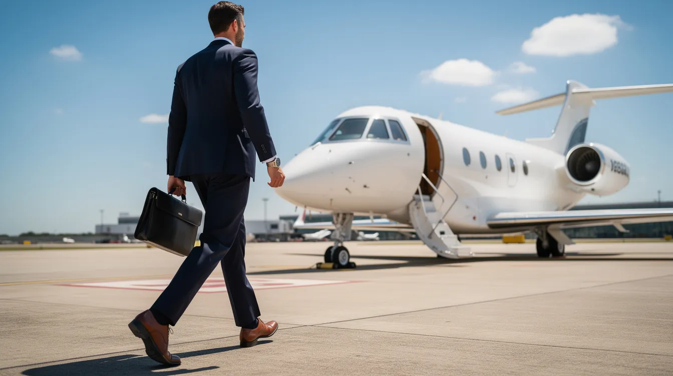 A business professional is walking confidently toward a sleek Embraer Phenom 300E private jet on a sunny airport ramp, showcasing its fresh exterior paint and executive interior. The scene captures the essence of corporate travel, highlighting the jet's modern design and luxurious features.