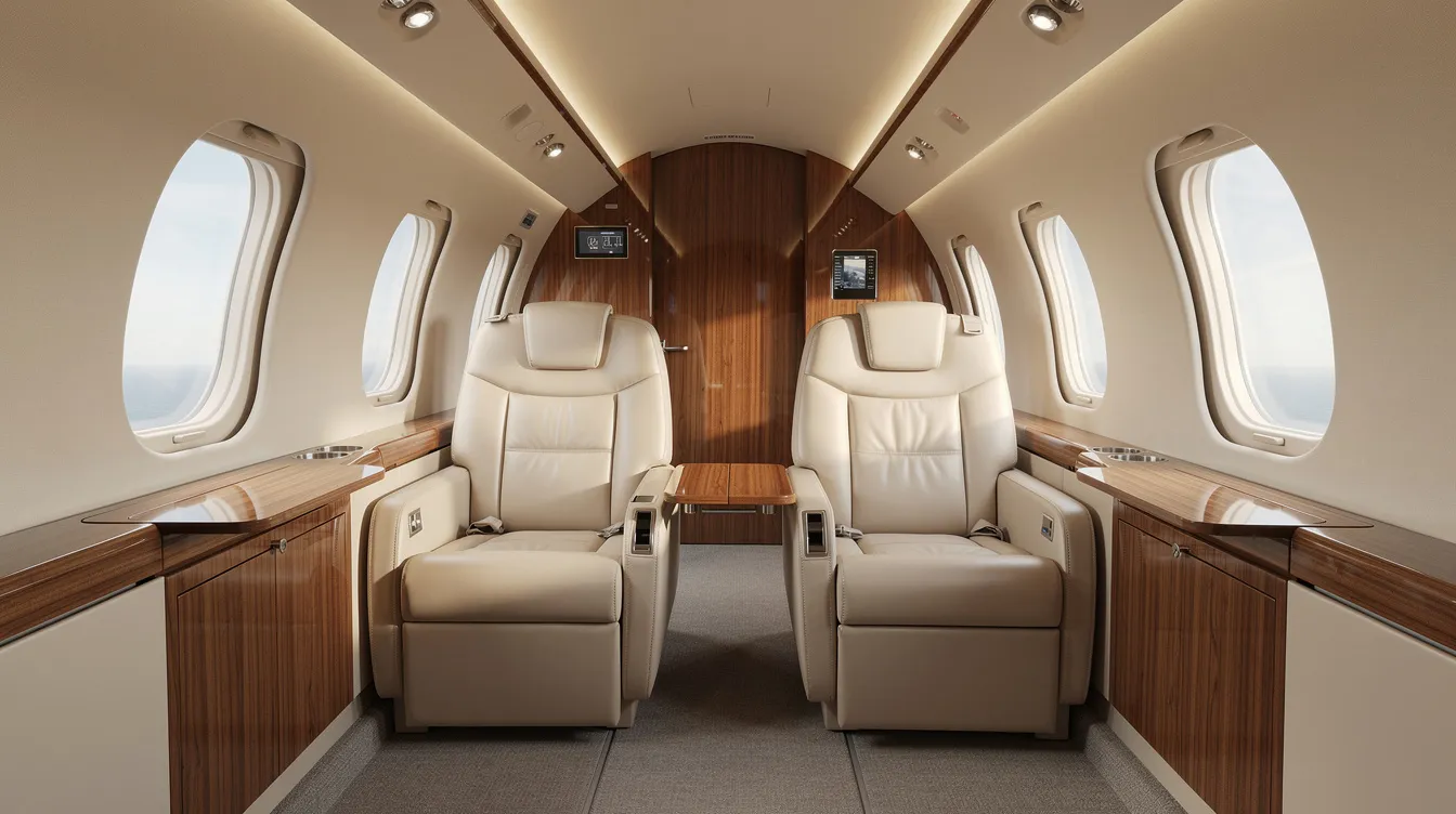 The image depicts the interior of a light business jet cabin, featuring cream leather seats complemented by elegant wood accents, designed for comfort and style. This executive interior is ideal for corporate owners and includes additional power outlets, making it perfect for business flights in a model like the Embraer Phenom 300E.