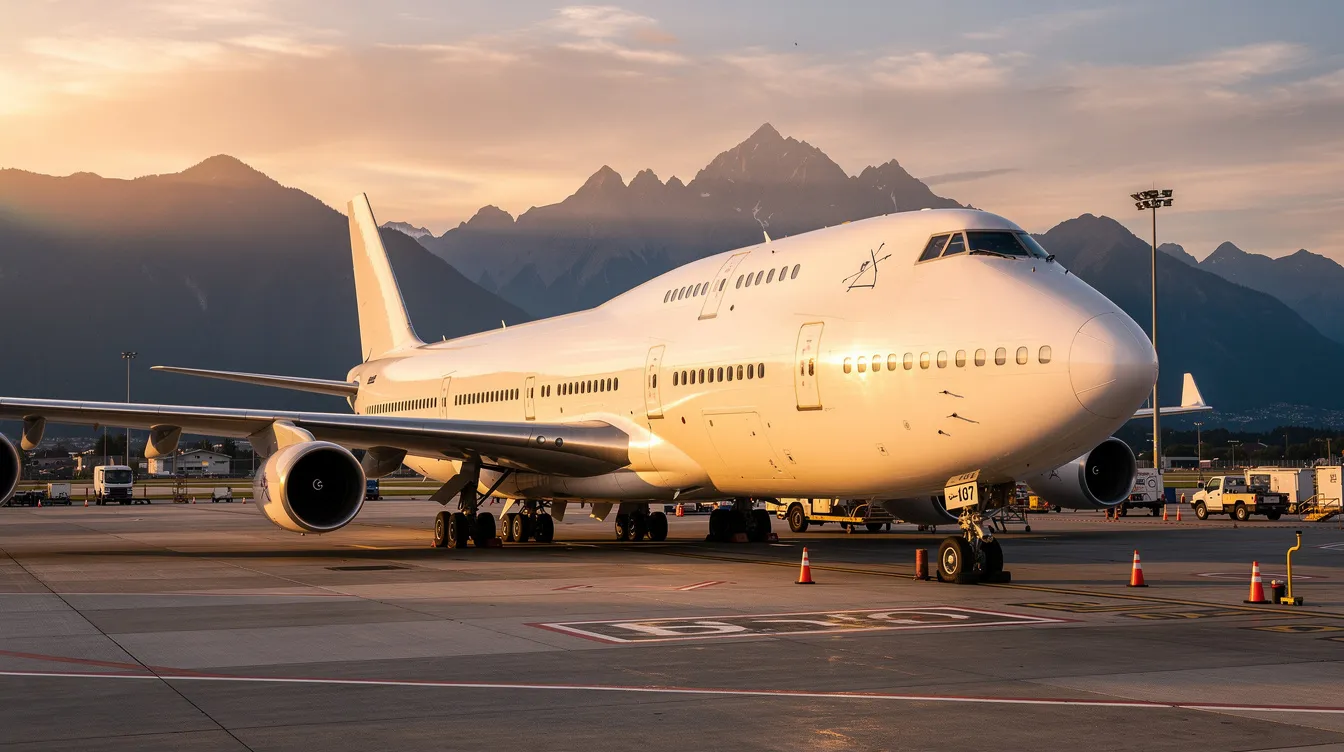 A large white Boeing 747 aircraft, often considered one of the biggest private jets, is parked on an airport tarmac bathed in the warm glow of golden hour, with majestic mountains in the background. This jumbo jet, known for its lavish interior and advanced technology, stands as a symbol of luxury aviation.