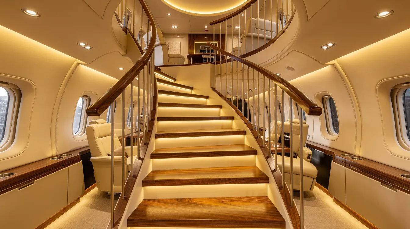 The image showcases an opulent spiral staircase within the lavish interior of a wide-body aircraft cabin, featuring cream leather walls and warm wood accents. This luxurious space exemplifies the elegance often found in expensive private jets, like those owned by aviation moguls such as Joseph Lau.