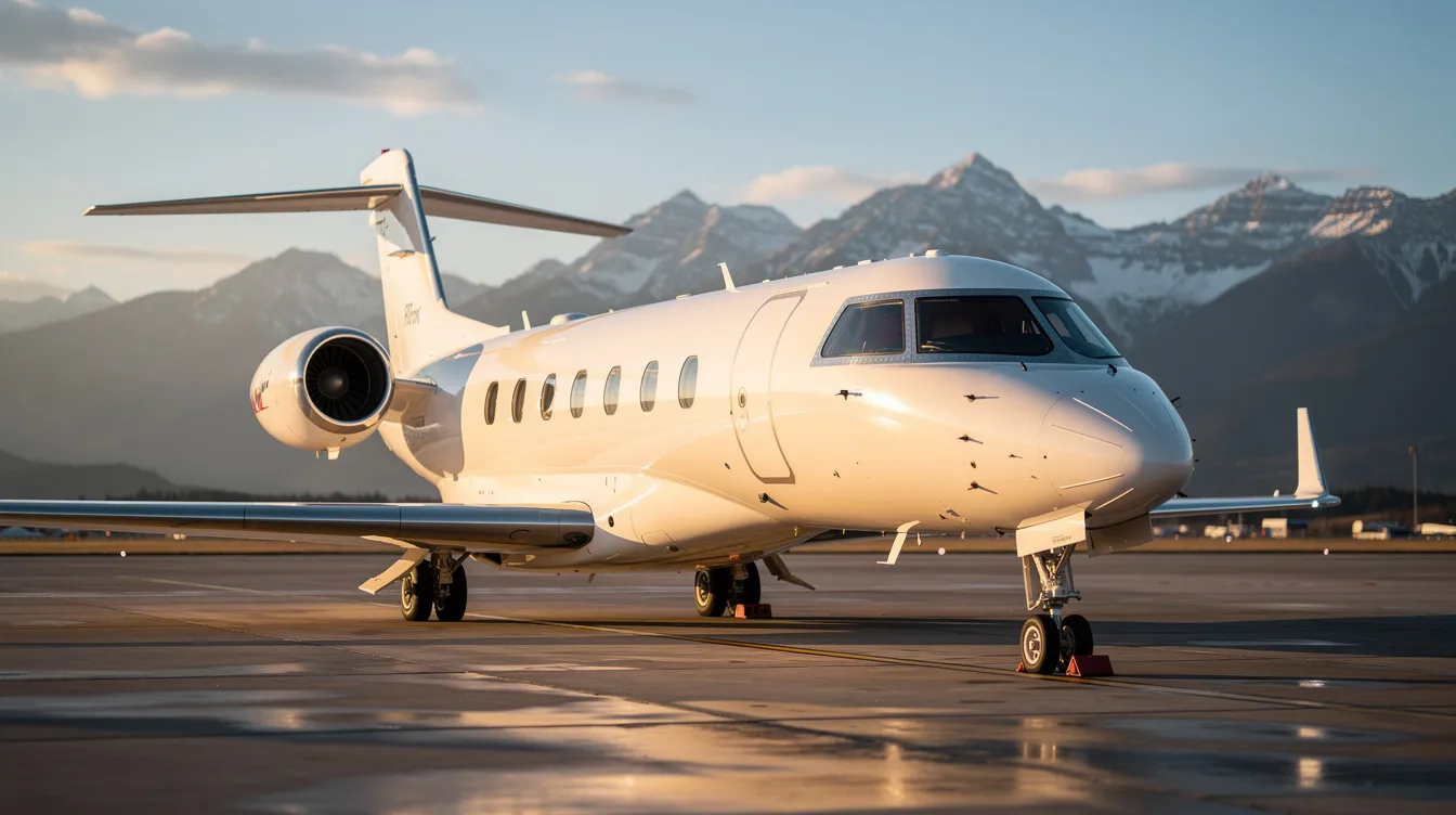 A sleek white private jet is parked on a sunlit tarmac, with majestic mountains in the background, showcasing the luxury and elegance of private jets. This aircraft, likely a model from renowned manufacturers, is ready for its next flight, reflecting the high standards of performance and maintenance expected in the global marketplace for private planes.