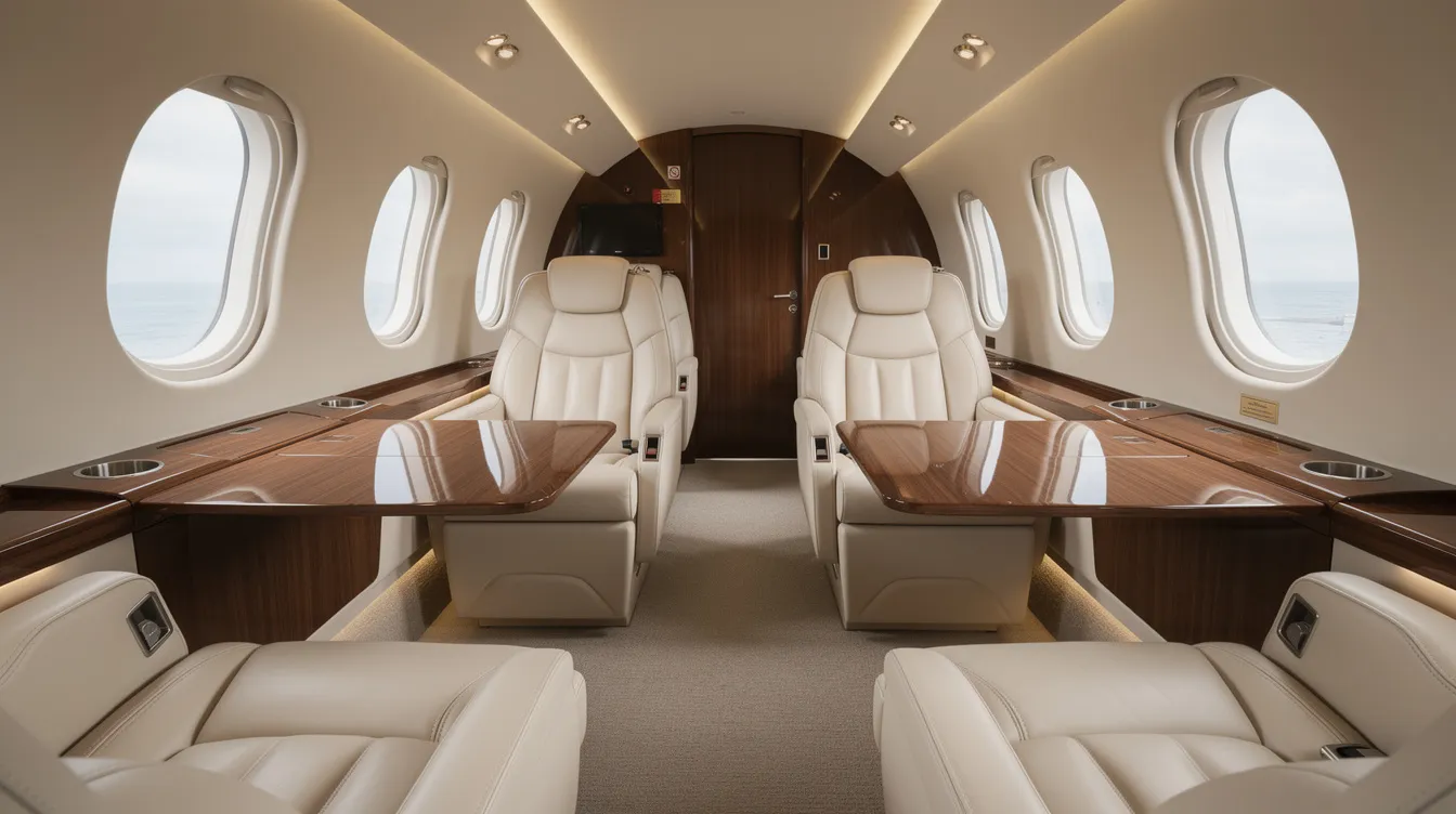 The image showcases a luxurious cream leather interior of a large-cabin private jet, featuring wide seats and polished wood accents, emphasizing the elegance and comfort of business jets designed for discerning travelers. This sophisticated cabin is ideal for those seeking premium private planes for sale in the global marketplace.