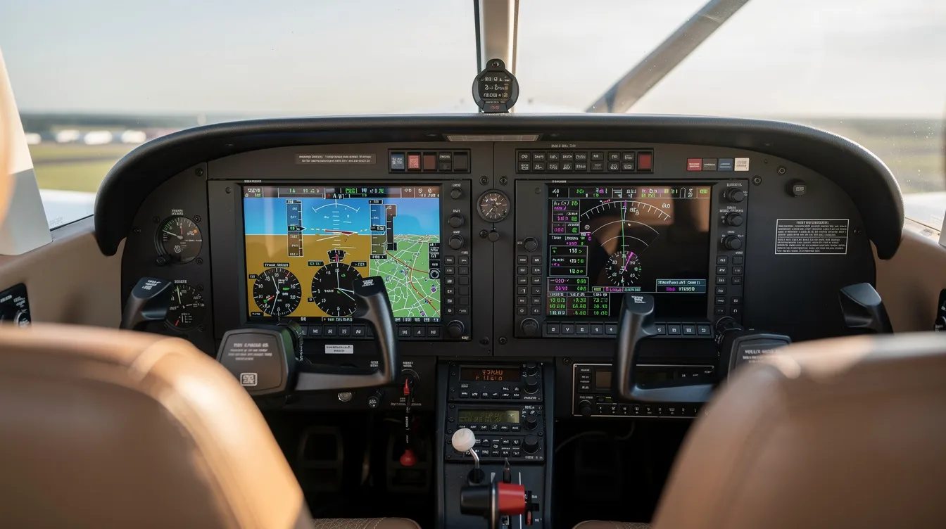The image features a modern glass cockpit inside a Cessna 182T Skylane, showcasing advanced digital flight displays and navigation screens, designed for enhanced aviation training and flight simulation. The cockpit's sleek, extremely clean interior reflects the latest upgrades in avionics technology typical of Textron Aviation's piston aircraft.