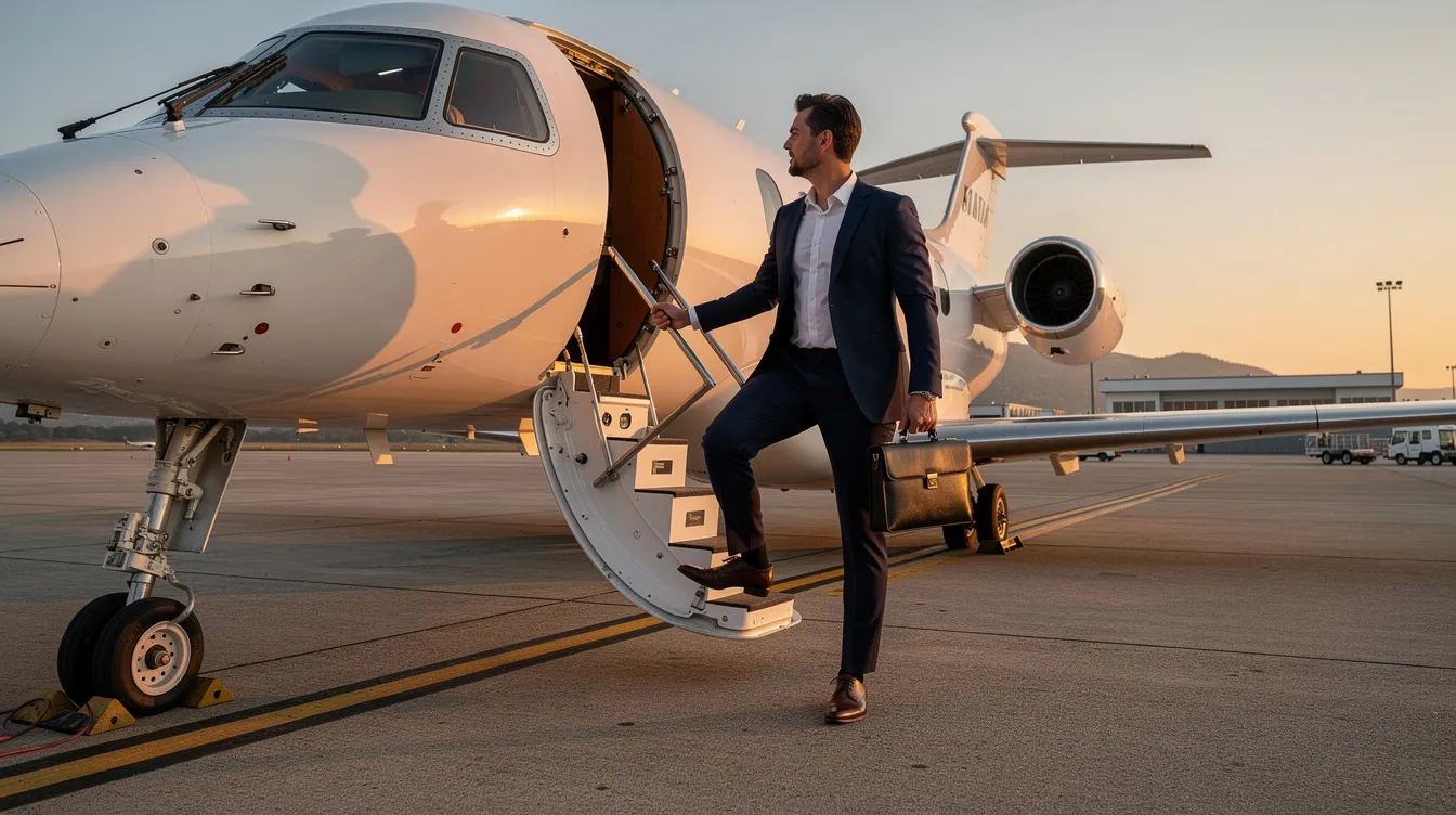 A business professional is stepping out of a small Cessna aircraft on a quiet regional airport ramp, showcasing the convenience of private flight. The scene highlights the sleek design of the jet, emphasizing the world of aviation and the luxury of flying in style.