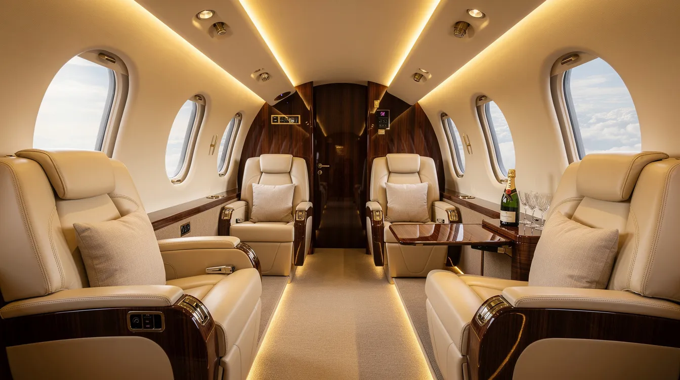 The image showcases a luxurious private jet cabin interior featuring cream leather seats, elegant wooden accents, and soft ambient lighting, creating an inviting atmosphere for passengers. This high-end aircraft, such as a Boeing 737 800, exemplifies the ultimate in comfort and style for those seeking exclusive travel experiences.