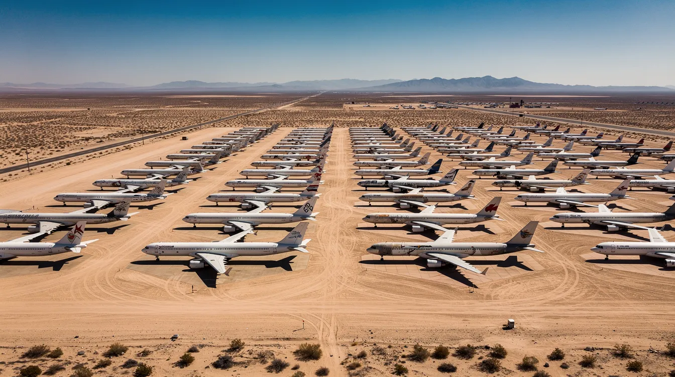 A row of multiple white commercial aircraft, including Boeing models, is parked at a desert storage facility under a clear blue sky. These aircraft, possibly including the Boeing 737-800, are awaiting potential buyers in the aviation market, showcasing their value and availability for sale.