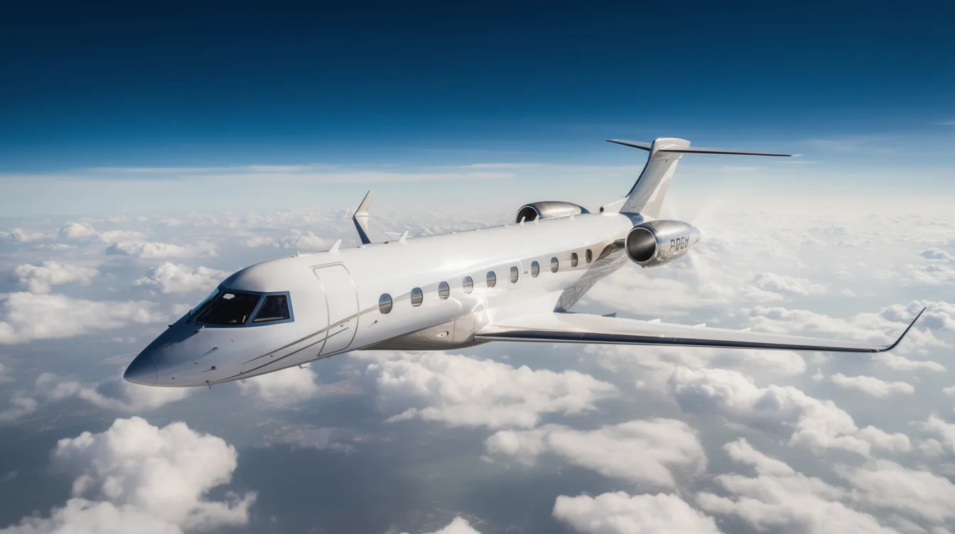 A sleek private business jet is cruising at high altitude above a blanket of white clouds, with a deep blue sky above, showcasing its aerodynamic design as it potentially approaches speeds near the local speed of sound, or Mach 1. The contrast of the jet against the fluffy clouds highlights its elegance and the freedom of flight in the clear atmosphere.