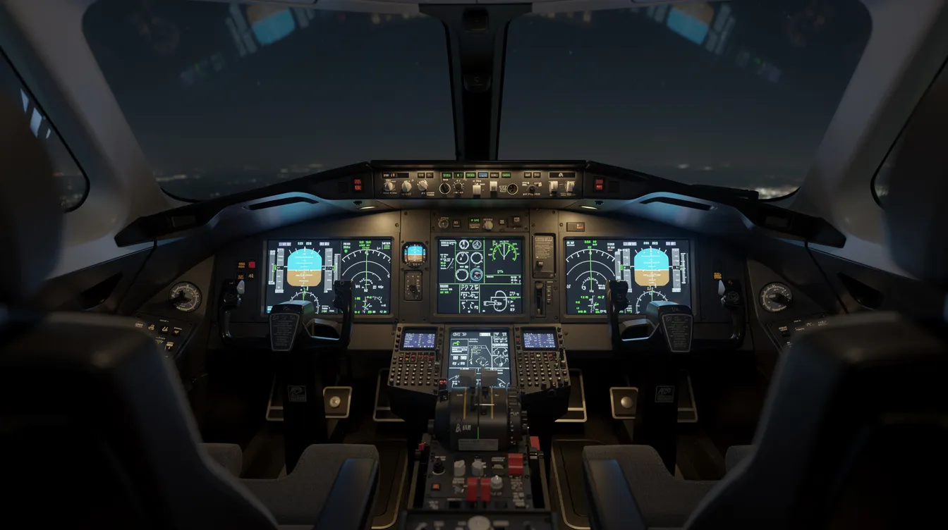 The image shows a modern private jet's glass cockpit, featuring advanced digital flight instruments and displays, illuminated in a dimly lit environment. This high-tech cockpit design allows pilots to monitor critical flight data, including airspeed and altitude, essential for navigating at speeds approaching the speed of sound, or Mach 1.