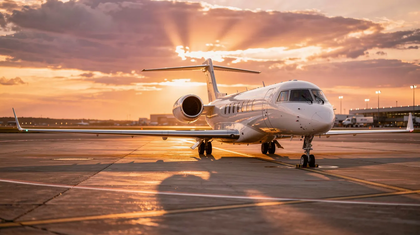 A sleek, modern private jet is parked on a tarmac during the golden hour, with a dramatic sunset sky in the background. The scene captures the elegance of the aircraft designed for supersonic speeds, showcasing its aerodynamic features and rounded edges against the vibrant colors of the evening sky.