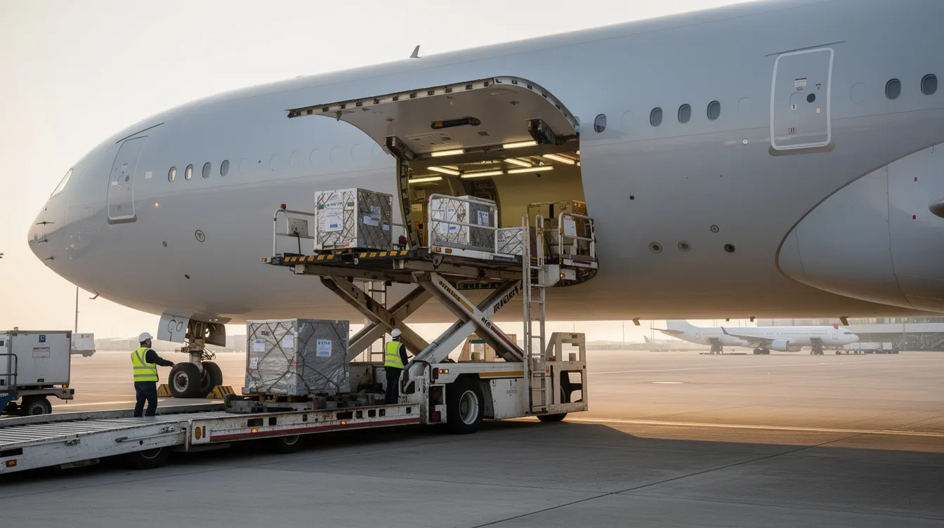 A close-up view of a large Boeing freighter airplane, specifically a 777 freighter, with its cargo door open as ground crew members load pallets inside. The image highlights the aircraft's efficient design and cargo capacity, emphasizing its role in transporting goods.