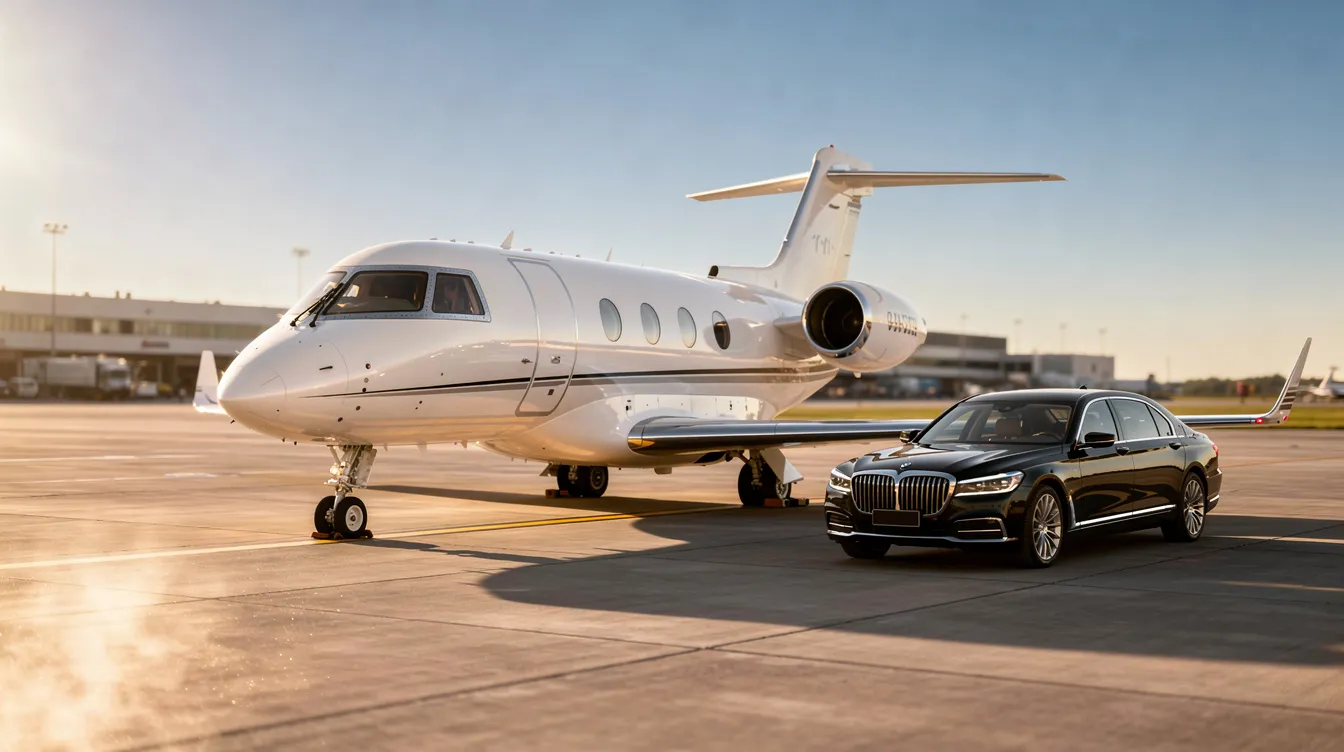 A sleek private jet is parked on the airport tarmac, accompanied by a luxury sedan, all set against a backdrop of clear blue skies. The scene captures the elegance of private aviation, emphasizing the aircraft's streamlined fuselage and the luxurious atmosphere of air travel.