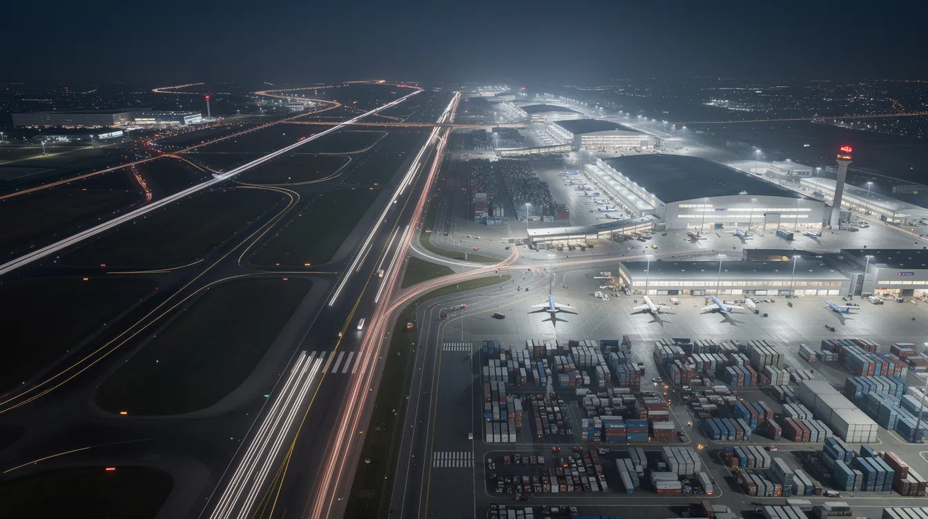 An aerial view of a large international cargo airport at night showcases illuminated runways and freight terminals bustling with activity. The scene features various aircraft, including Boeing freighters and commercial airplanes, efficiently operating within the airport's extensive cargo capacity and infrastructure.