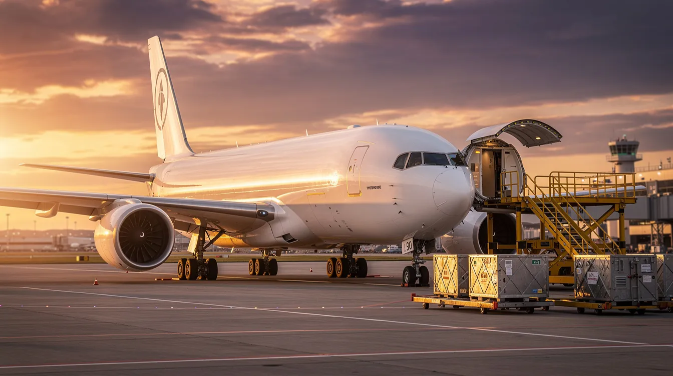 A large Boeing 777 freighter, a twin-engine widebody cargo airplane, is positioned on a runway at sunset, with its cargo door open and loading equipment nearby, ready to handle its maximum payload efficiently. The scene highlights the aircraft's impressive wingspan and fuselage length, reflecting its capability as an efficient freighter for airlines.