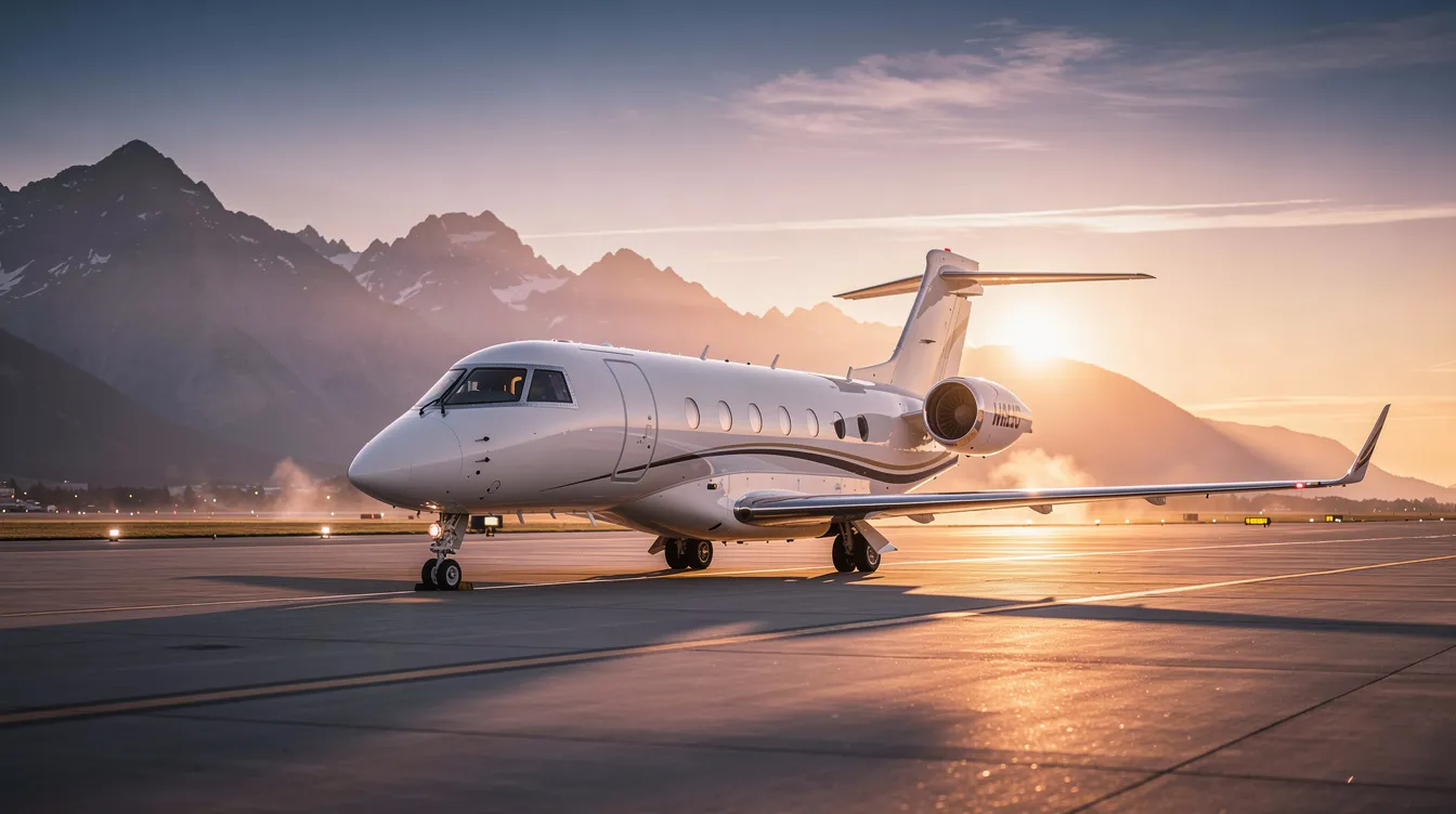 A sleek private jet is parked on a tarmac at sunset, with majestic mountains silhouetted in the background. The scene evokes a sense of luxury travel, perfect for those seeking premium class experiences.