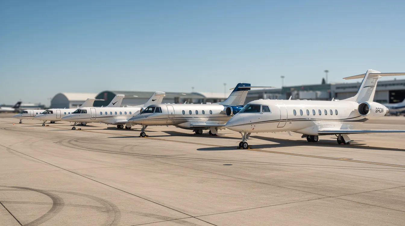 A lineup of various sized private jets is parked on an airport ramp under clear blue skies, showcasing the luxury and exclusivity of air travel. The scene reflects a vibrant atmosphere, ideal for travelers seeking premium class experiences and nonstop service to destinations like Las Vegas or San Francisco.