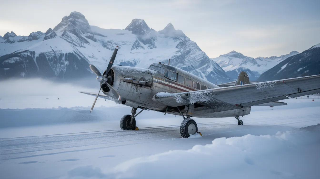 A vintage propeller aircraft is parked on a snowy runway, with majestic mountains rising in the background. The scene evokes a sense of adventure and nostalgia, perfect for travelers planning their next trip with airlines like Alaska Airlines.
