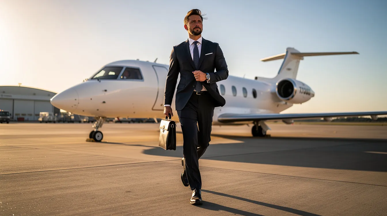 An executive in a sharp business suit strides confidently toward a private jet parked on a sunlit tarmac, embodying the essence of travel and aviation. The scene reflects a moment of luxury and access, highlighting the importance of flying for life's journey.