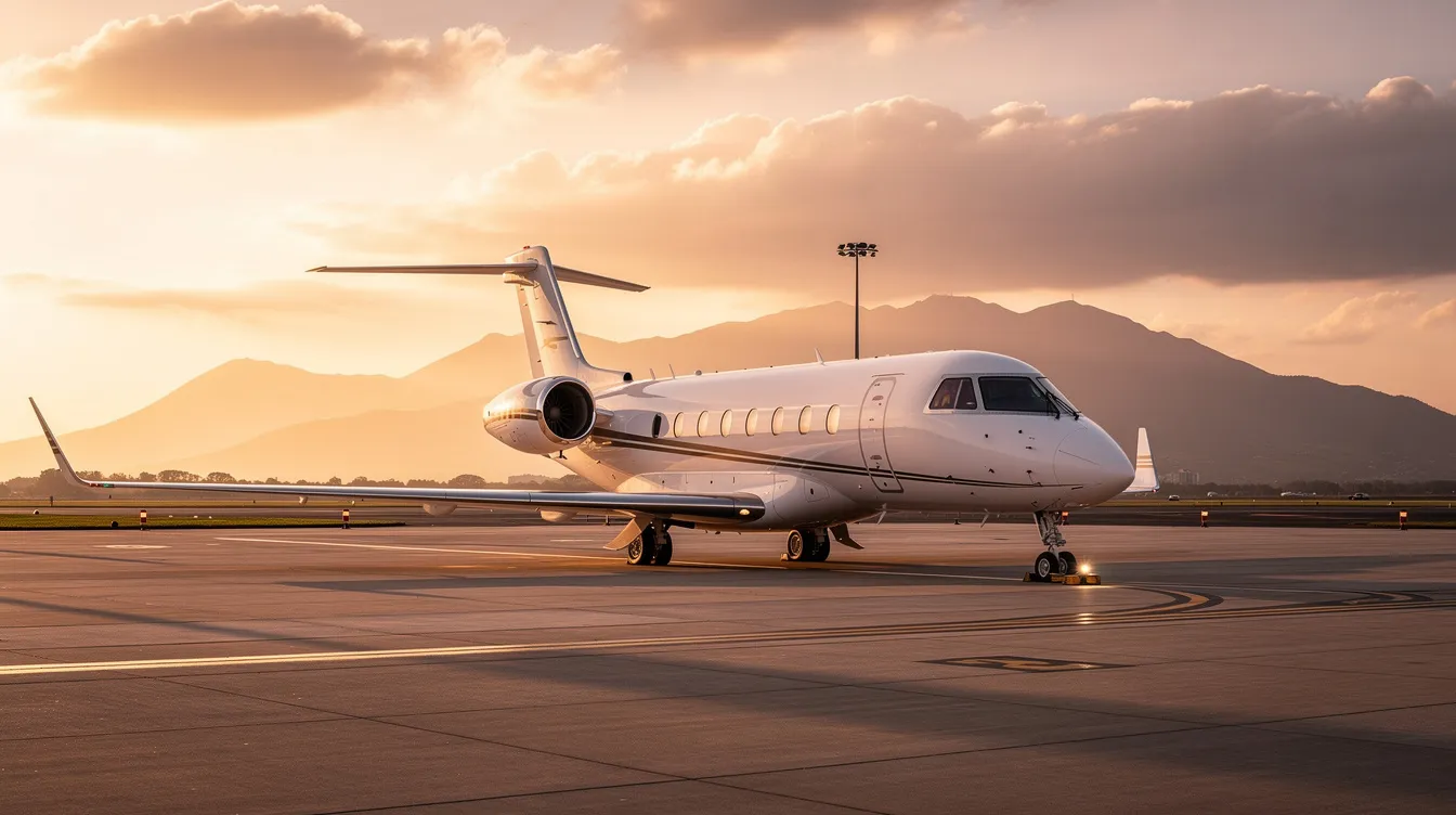 A sleek private jet is parked on a quiet tarmac during golden hour, with stunning mountains in the background, symbolizing the luxury and adventure of air travel. This scene captures the essence of flying and life's journey, inviting passengers to embark on memorable trips with American Airlines and its partner airlines.
