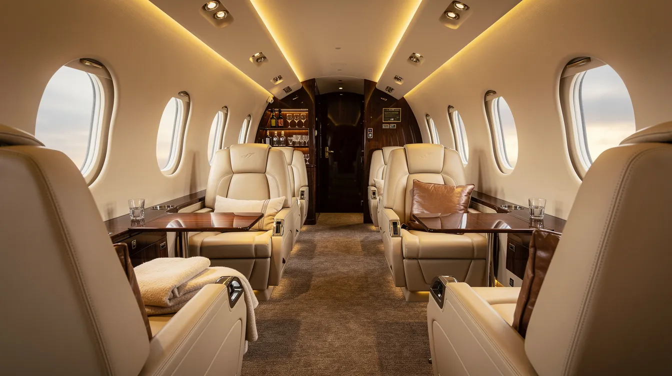 The image depicts the interior of a luxurious private jet cabin, featuring cream leather seats arranged for comfort and warm ambient lighting that enhances the elegant atmosphere. This serene space is designed for passengers to enjoy a premium flying experience, reminiscent of the service provided by top airlines like American Airlines.