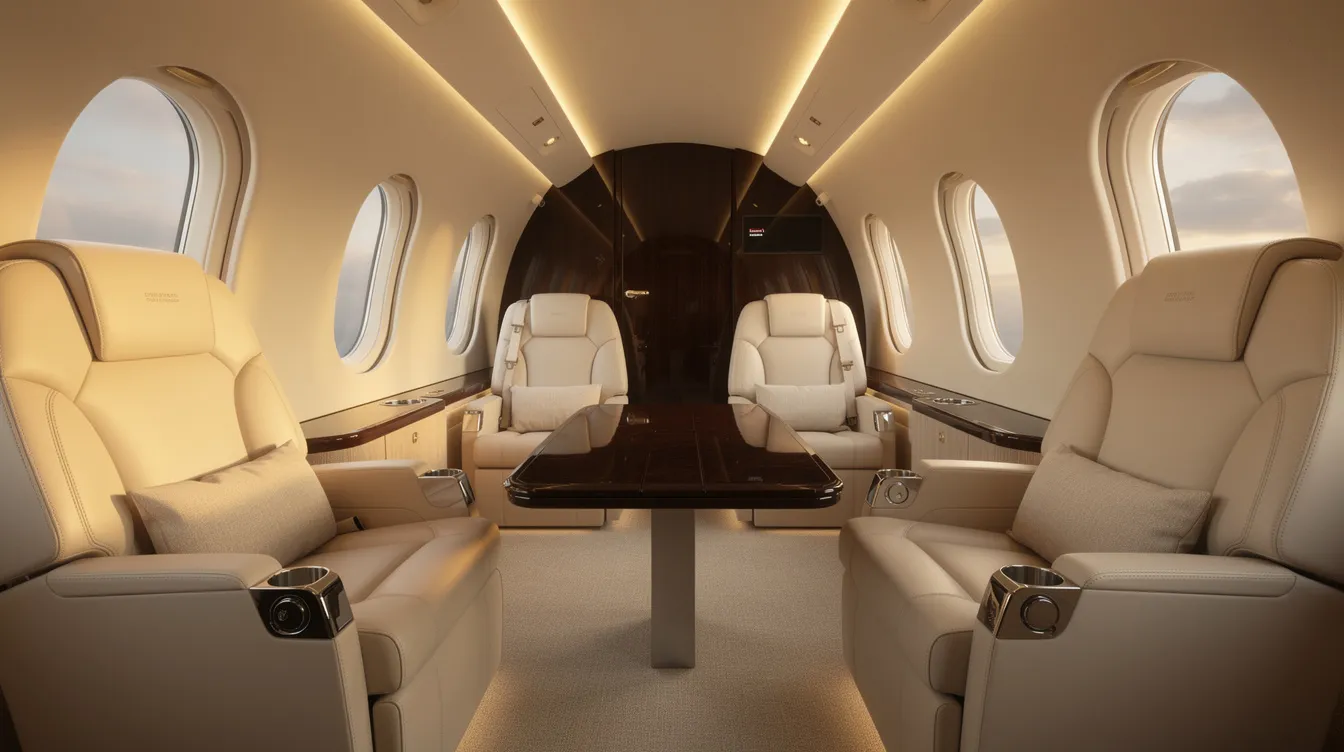The image depicts the interior of a luxurious private jet cabin featuring cream leather seats, soft ambient lighting, and a polished wood table, creating an elegant and comfortable atmosphere for passengers. This upscale environment is perfect for those flying long haul international flights, offering a premium experience reminiscent of United Airlines' business class offerings.