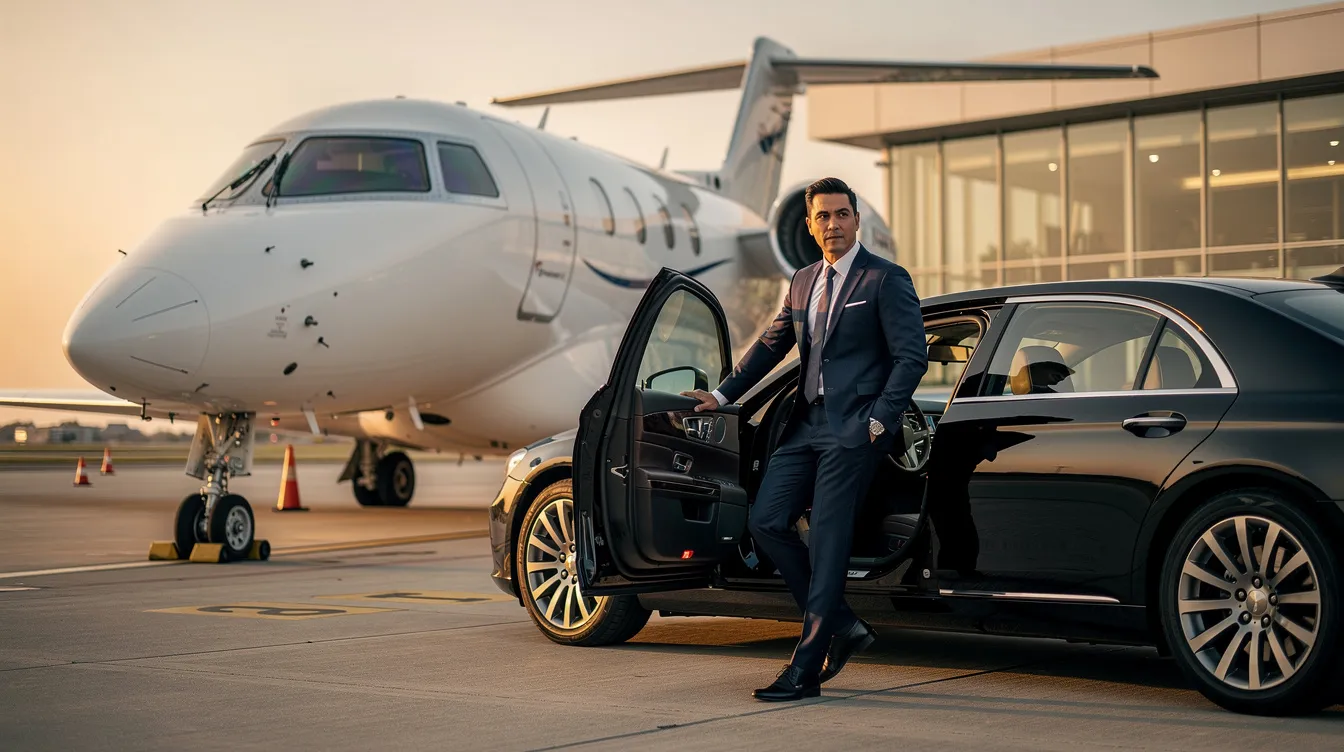 An executive is stepping out of a sleek black car at a private aviation terminal, with a modern business jet from United Airlines visible on the tarmac behind. The scene captures the essence of luxury travel, highlighting the convenience and sophistication of private air travel.