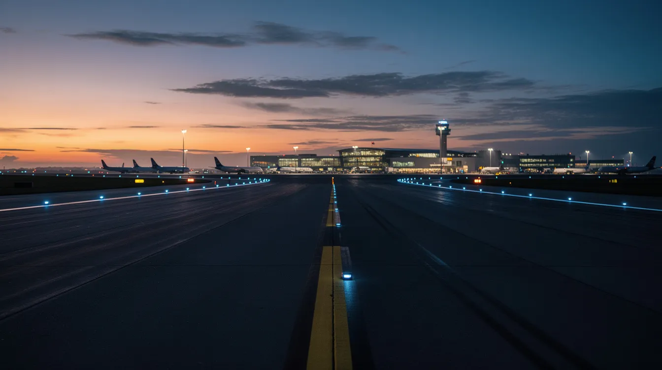 A wide-angle view of an airport taxiway at dusk, featuring yellow centerline markings and blue edge lights, where multiple aircraft are taxiing on the ground. The scene captures the essential elements of ground operations, highlighting the importance of situational awareness for pilots and air traffic controllers in managing aircraft movements.