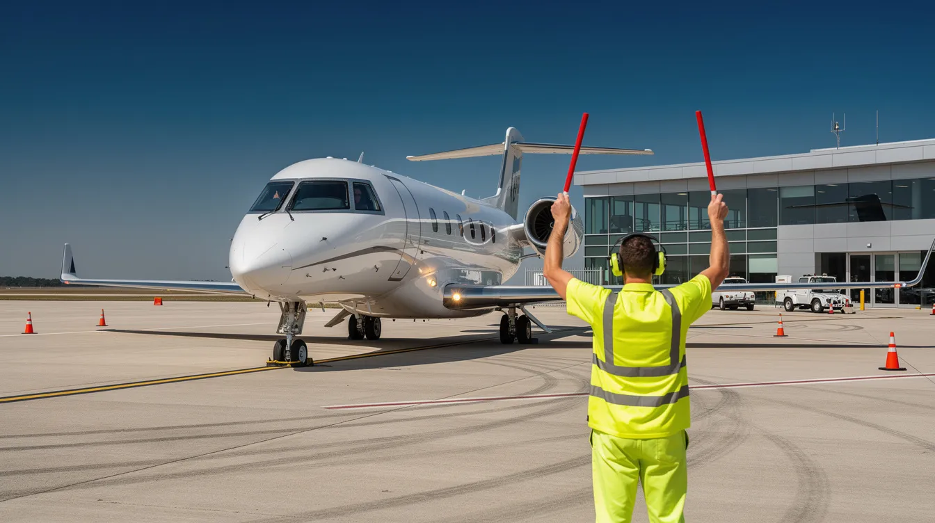 A private business jet is being marshaled by ground crew at a sleek FBO ramp, with clear skies overhead. The scene showcases active ground operations as the aircraft prepares for taxiing towards the departure runway.
