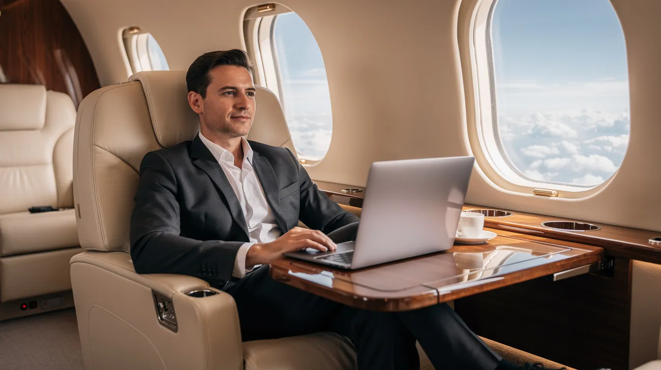A business professional is comfortably seated in a spacious leather seat of a private jet, working on a laptop while enjoying a scenic view of fluffy clouds through the window. The luxurious atmosphere contrasts with commercial airplanes like the Boeing 737 Max, emphasizing the efficiency and comfort of private air travel.