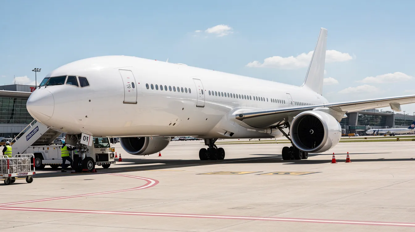 A large white Boeing 777 aircraft is parked on a sunlit airport tarmac, surrounded by ground crew and equipment, showcasing the efficiency and design of modern commercial airplanes. The scene highlights the aircraft's impressive wingspan and the bustling activity typical at major airlines like United Airlines and Japan Airlines.