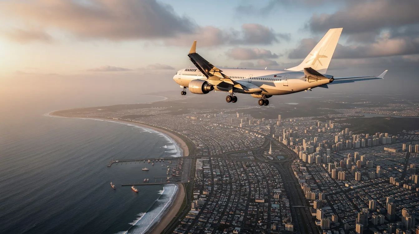 A twin-engine wide-body Boeing aircraft is banking gently during its approach, with a coastal city sprawling below, showcasing the impressive wingspan and aerodynamics typical of Boeing commercial airplanes. The scene captures the flight's elegance as it prepares for landing, highlighting the efficiency and design of modern aircraft.