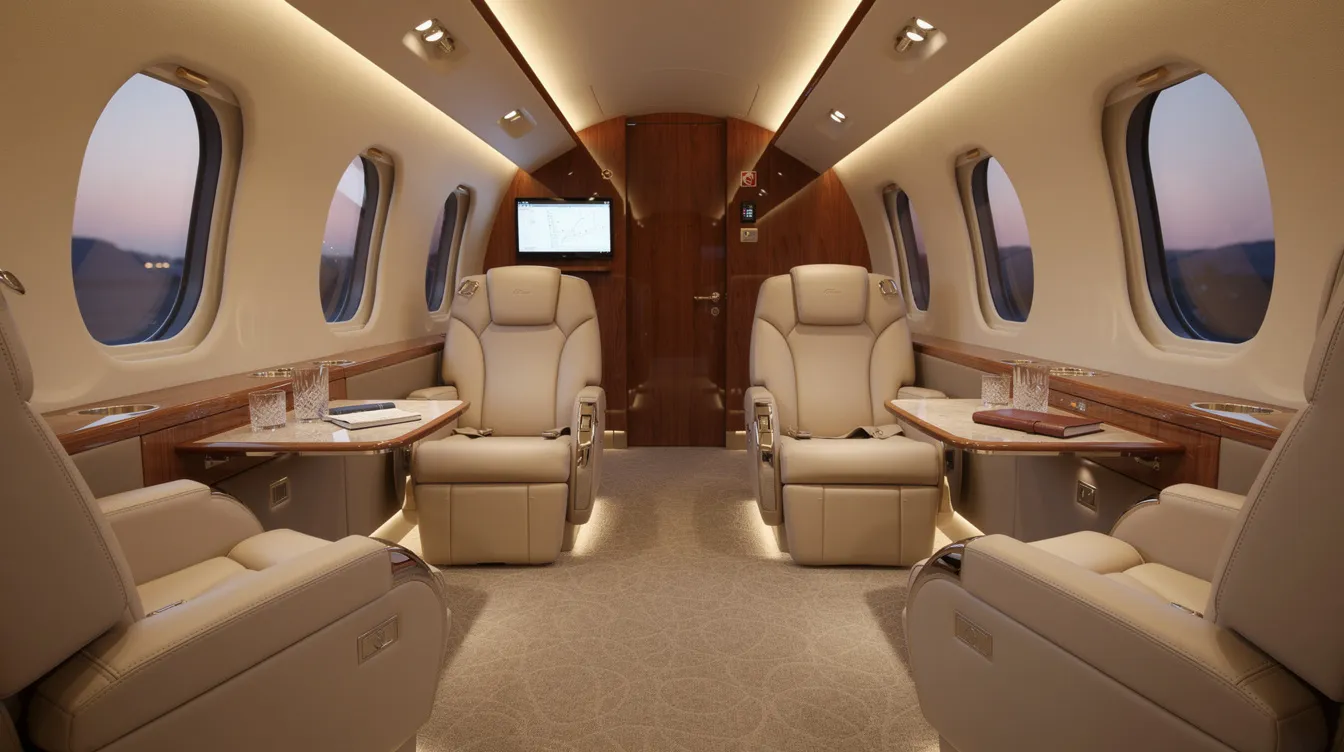 The image depicts the interior of a luxurious private jet cabin featuring cream leather seating, elegant warm wood paneling, and soft ambient lighting, creating an inviting atmosphere for passengers. This opulent setting contrasts with the interiors of commercial aircraft like those from Boeing and American Airlines, highlighting the exclusivity and comfort of private air travel.