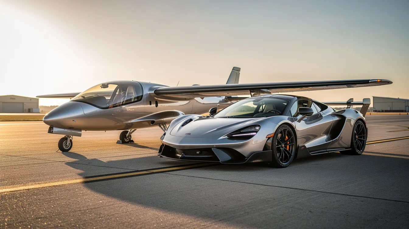 A roadable aircraft with folded wings is parked on a private tarmac beside a sleek luxury sports car, showcasing the innovative future of personal transport in the flying car industry. This unique scene highlights the blend of aviation and automotive technology, symbolizing the dream of airborne vehicles that could redefine travel.