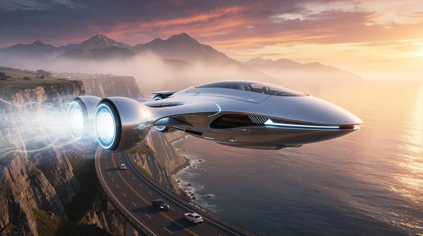 A sleek futuristic flying car is soaring gracefully over a coastal highway at sunset, with majestic mountains in the background, showcasing the potential of personal transport in the near future. This airborne vehicle represents a significant step in the flying car industry, making history as it navigates the skies above the scenic landscape.
