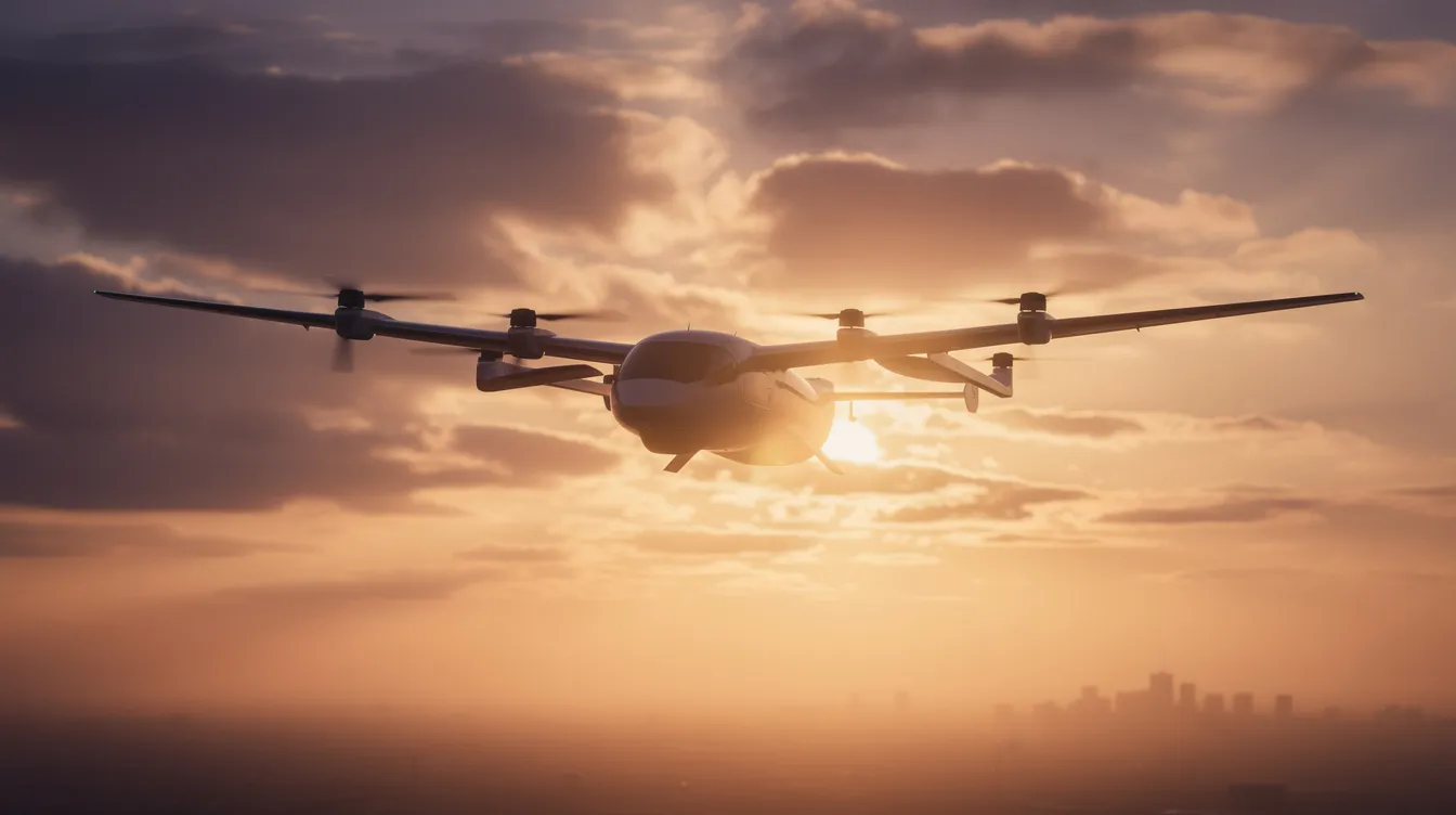 An electric vertical takeoff vehicle, resembling a flying car, is silhouetted against a dramatic golden hour sky, showcasing its extended wings. This innovative personal transport vehicle symbolizes the near future of the flying car industry, making history with its design and capabilities.