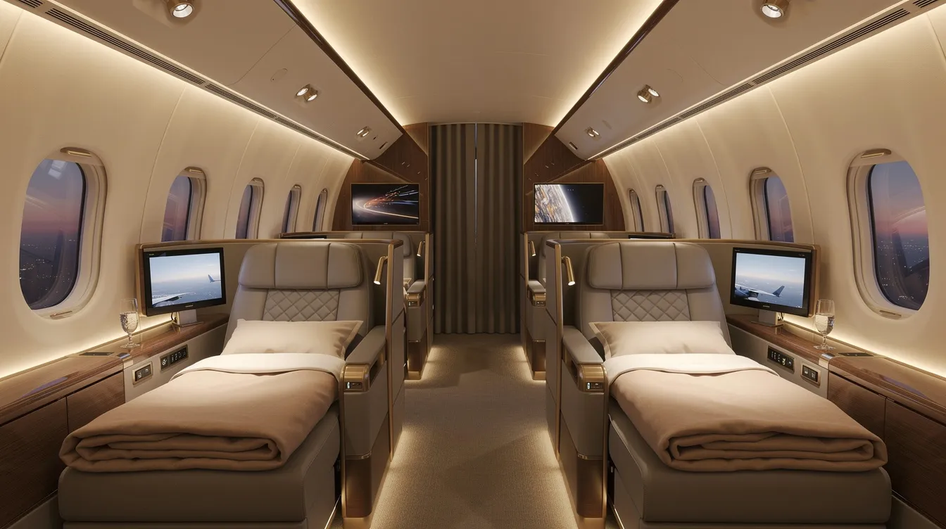 The image depicts the interior of a luxurious wide-body aircraft cabin featuring spacious lie flat seats, ambient lighting, and a sophisticated design, ideal for long haul flights. This business class setting offers passengers a comfortable and private space, complete with flat bed options for restful sleep during their journey.