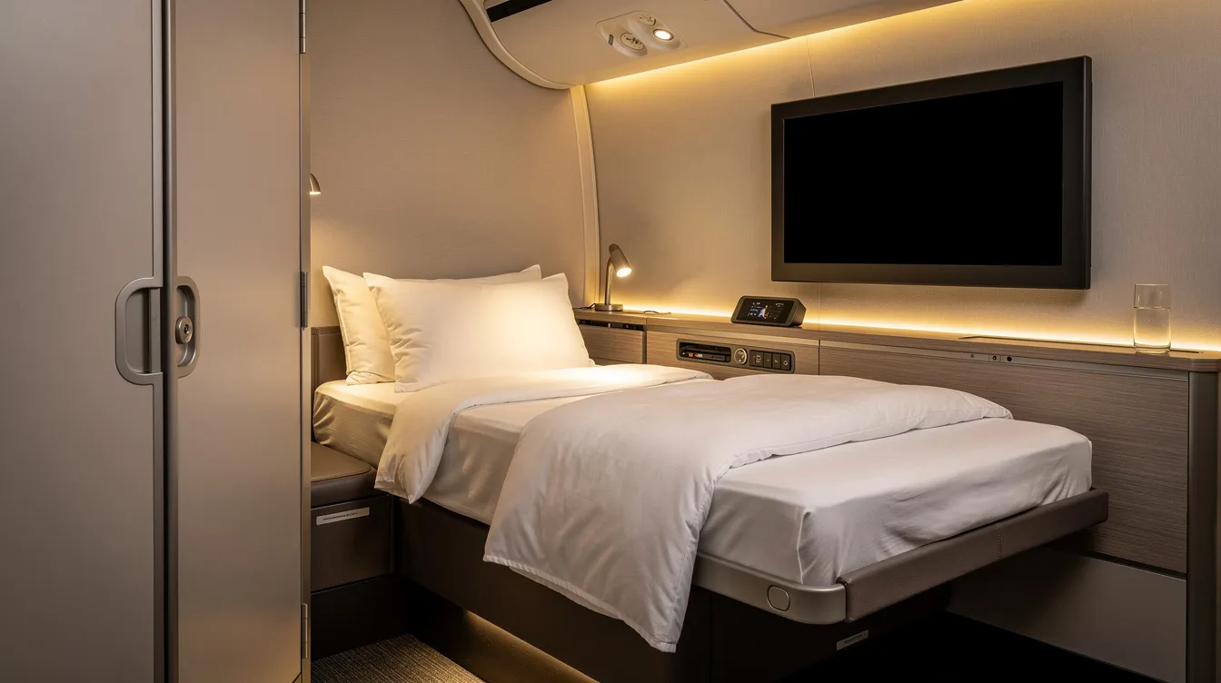 An elegant business class suite features a closed door and a neatly made bed with white linens, providing a spacious and private environment for travelers on long haul flights. The suite is designed for enhanced comfort, showcasing lie flat beds and privacy doors, ideal for restful sleep during air travel.