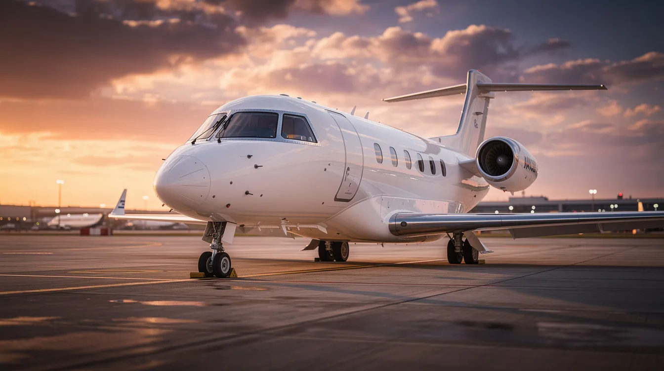 A luxurious private jet is parked on a tarmac, silhouetted against a vibrant sunset sky that casts warm hues of orange and pink. This scene evokes the allure of air travel, reflecting the high-end lifestyle associated with private flights.