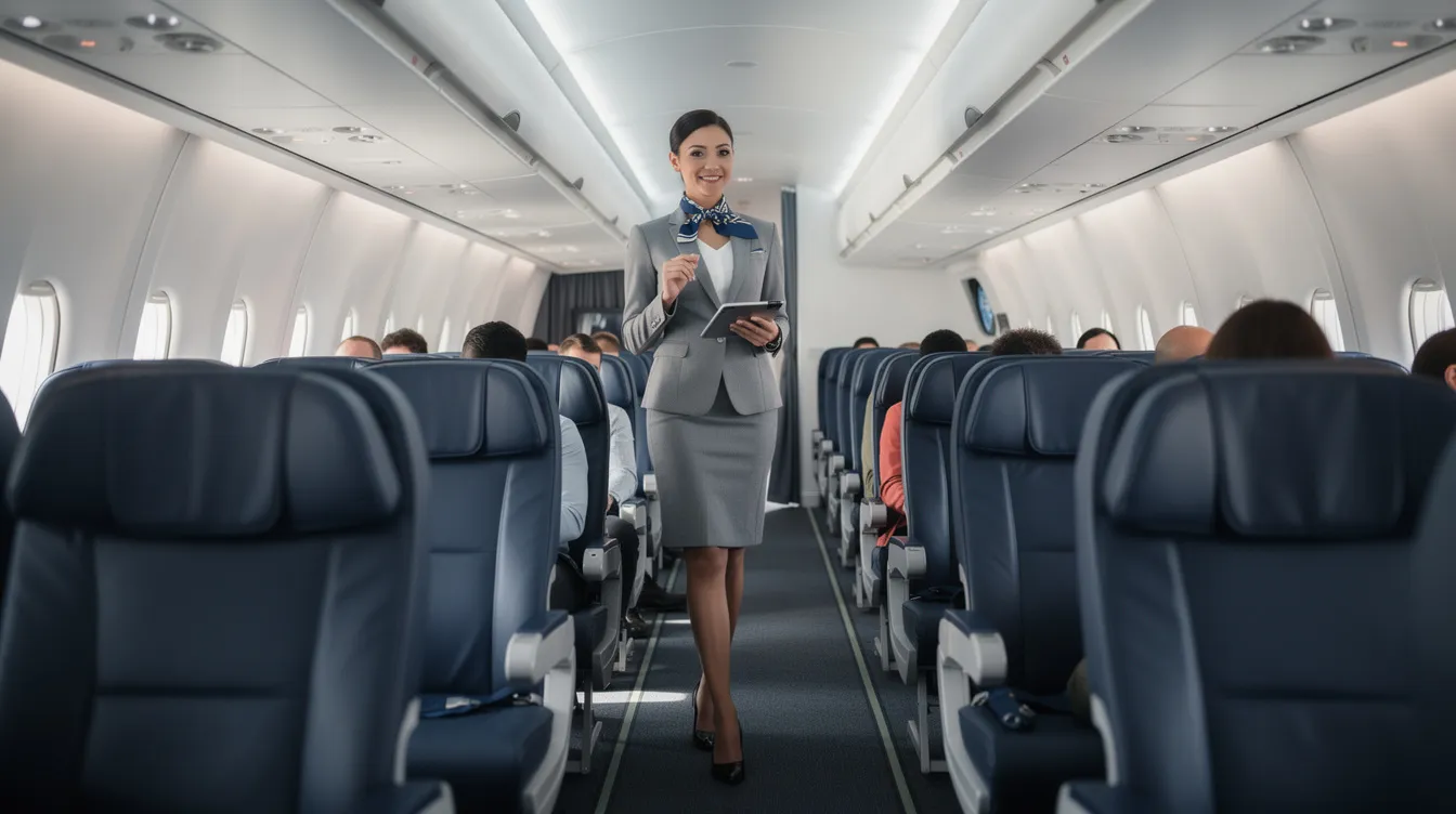 A professional flight attendant is seen walking through a modern commercial aircraft cabin, with overhead bins and passenger seats clearly visible. This image highlights the working environment of flight attendants, who often manage safety checks and assist passengers during their flight hours.